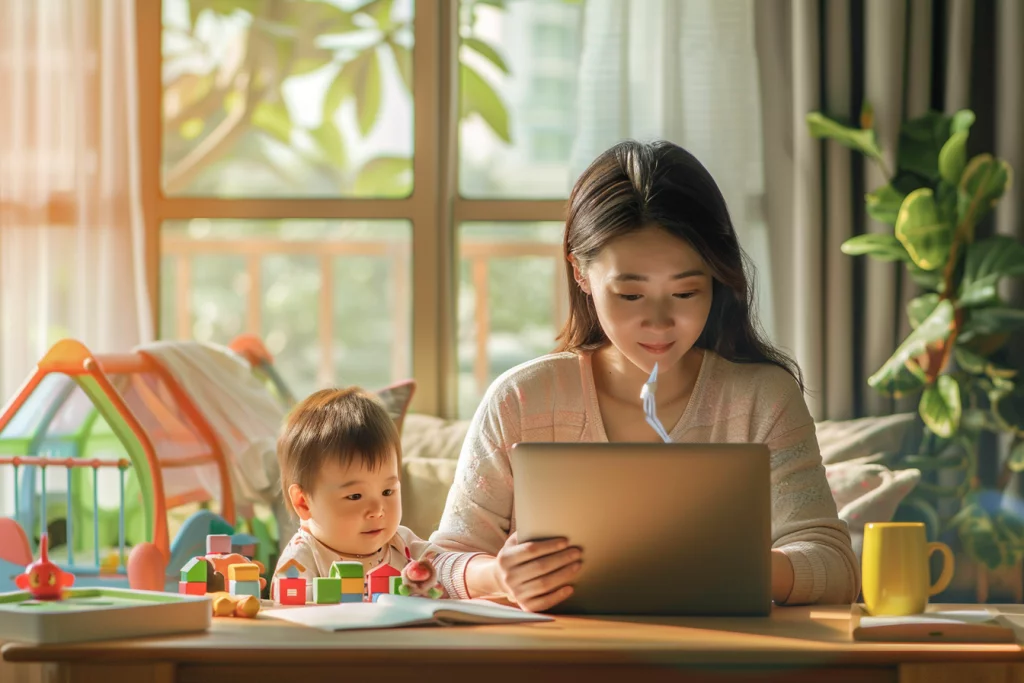 mum working while taking care of child